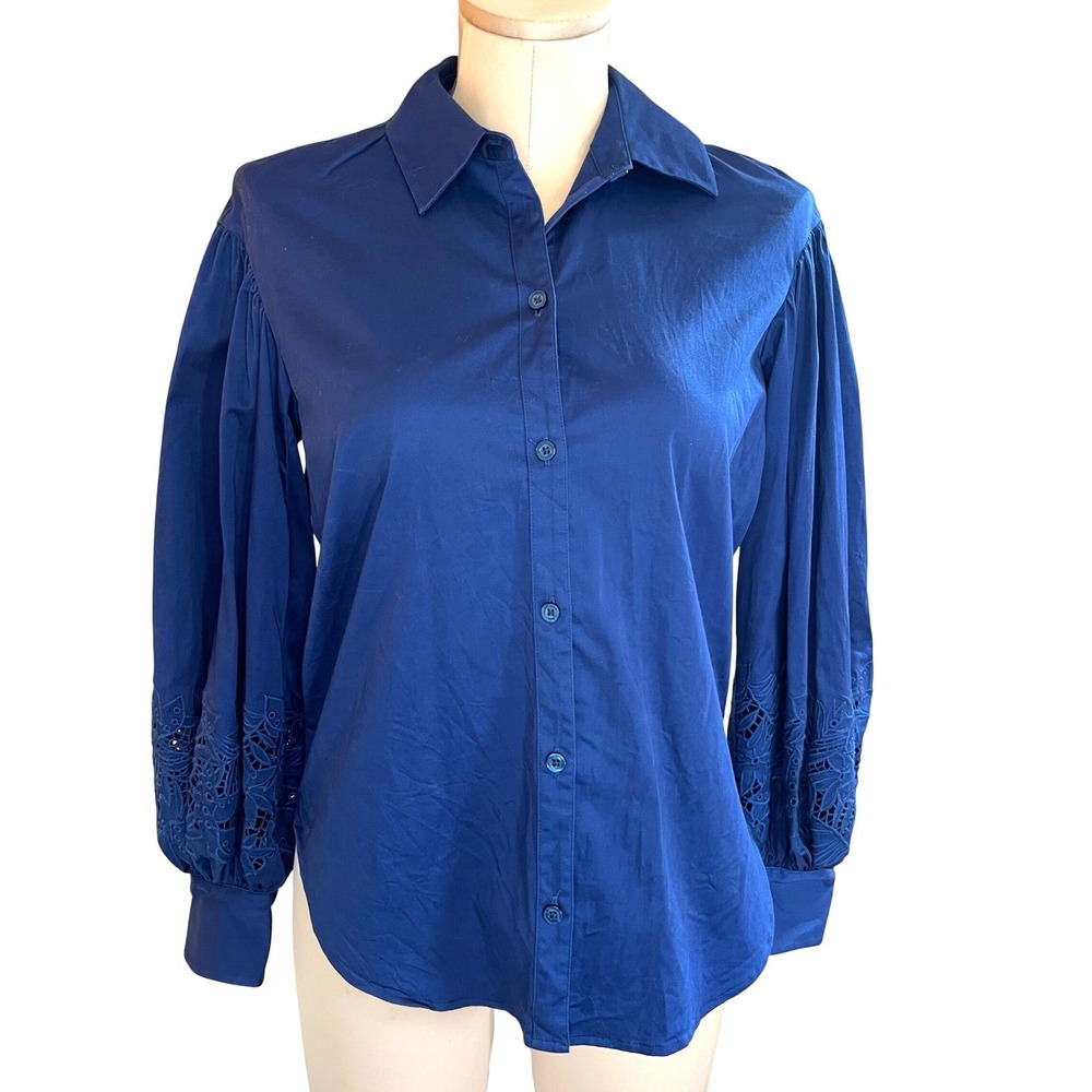 Kate Spade Navy Blue Cotton Eyelet Puff Sleeve Button Down Shirt Size 4